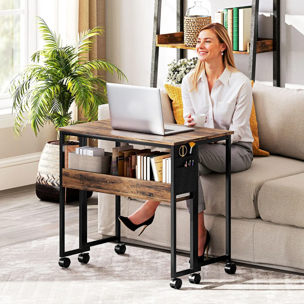 Single Shelf Foldable Computer Desk with Wheels - Brown