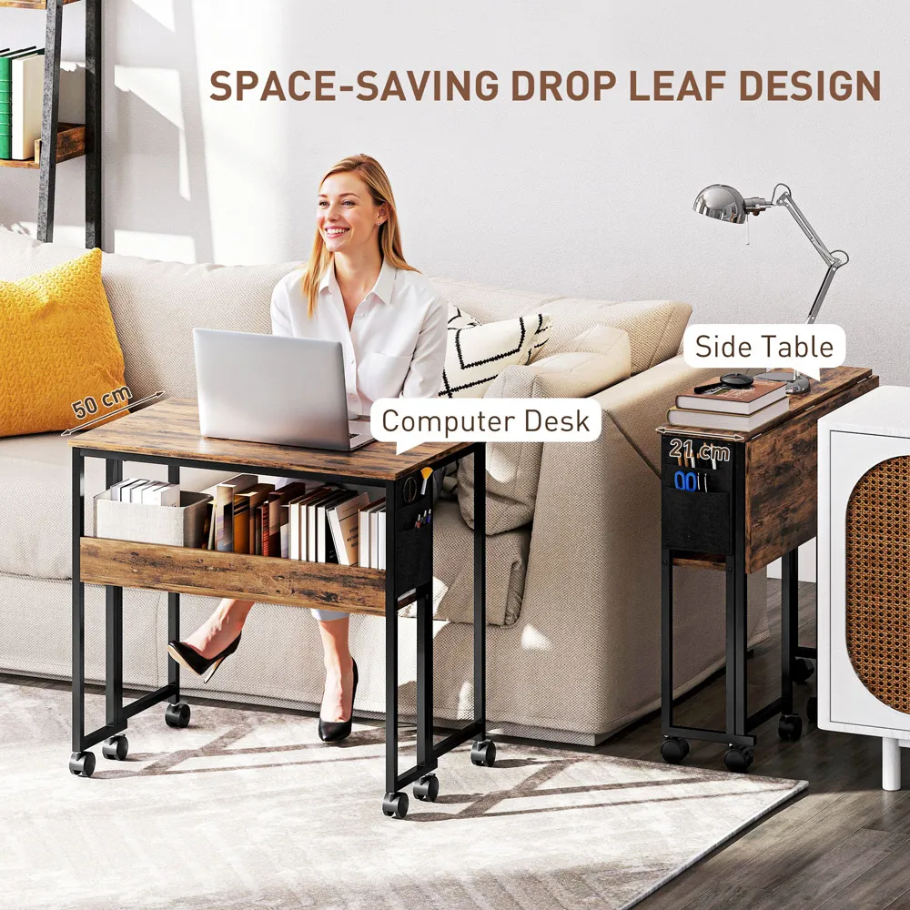 Single Shelf Foldable Computer Desk with Wheels - Brown