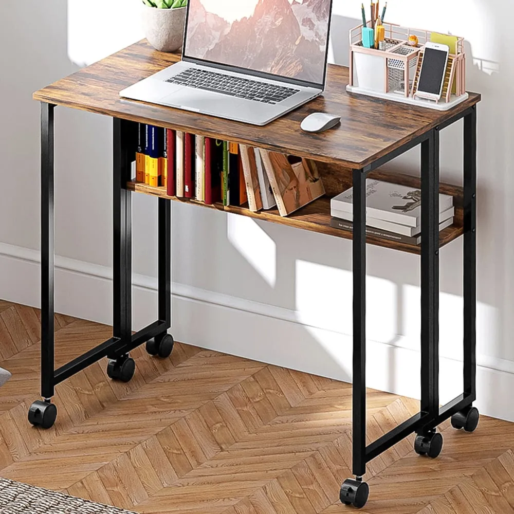 Single Shelf Foldable Computer Desk with Wheels - Brown