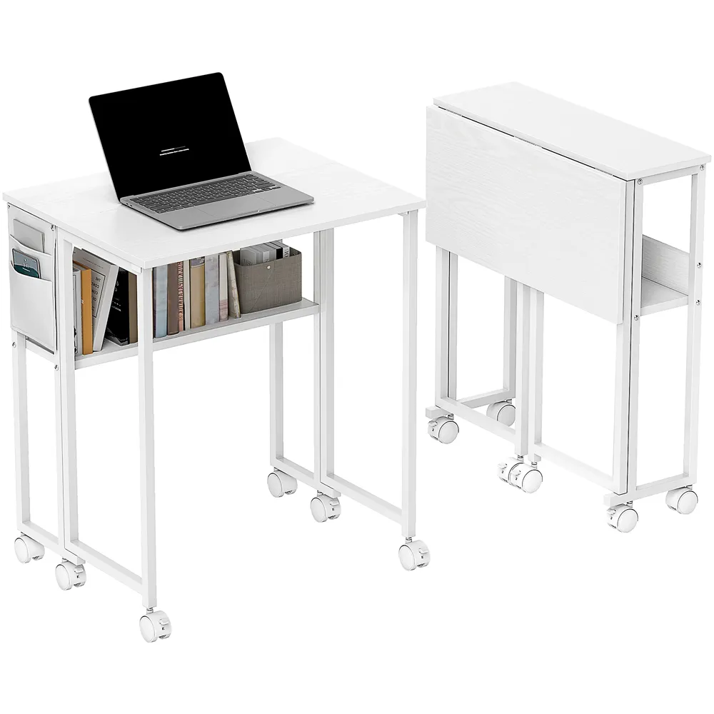 Single Shelf Foldable Computer Desk with Wheels - White