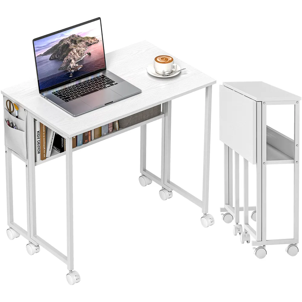 Single Shelf Foldable Computer Desk with Wheels - White
