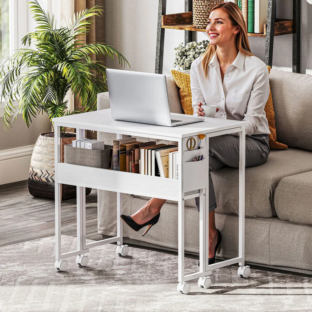Single Shelf Foldable Computer Desk with Wheels - White