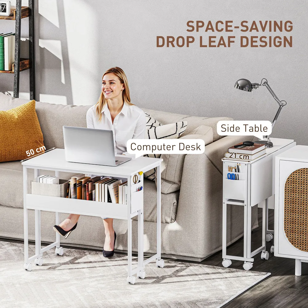 Single Shelf Foldable Computer Desk with Wheels - White
