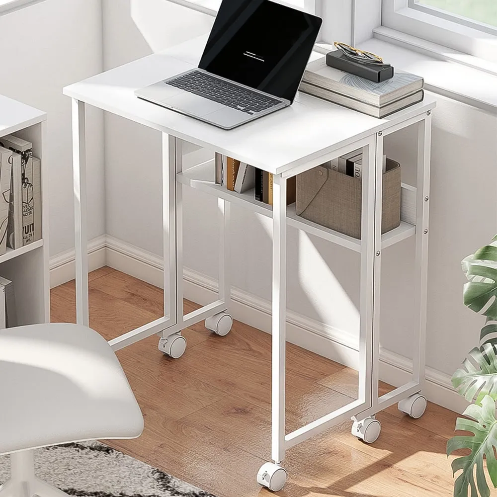 Single Shelf Foldable Computer Desk with Wheels - White