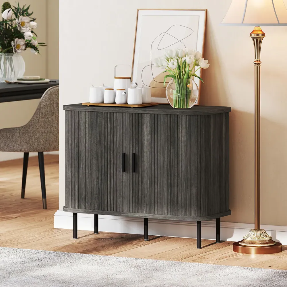 Slatted Tambour Sliding Door Sideboard - Grey, Oak