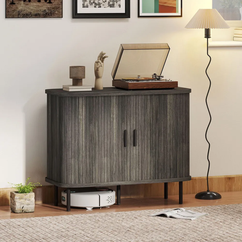 Slatted Tambour Sliding Door Sideboard - Grey, Oak