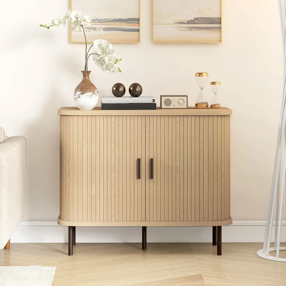 Slatted Tambour Sliding Door Sideboard - Yellow, Oak