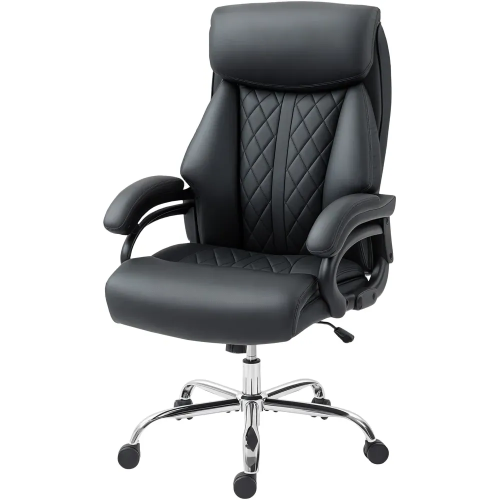 Spring Padded Office Chair with Swivel Wheels - Black, PU Leather