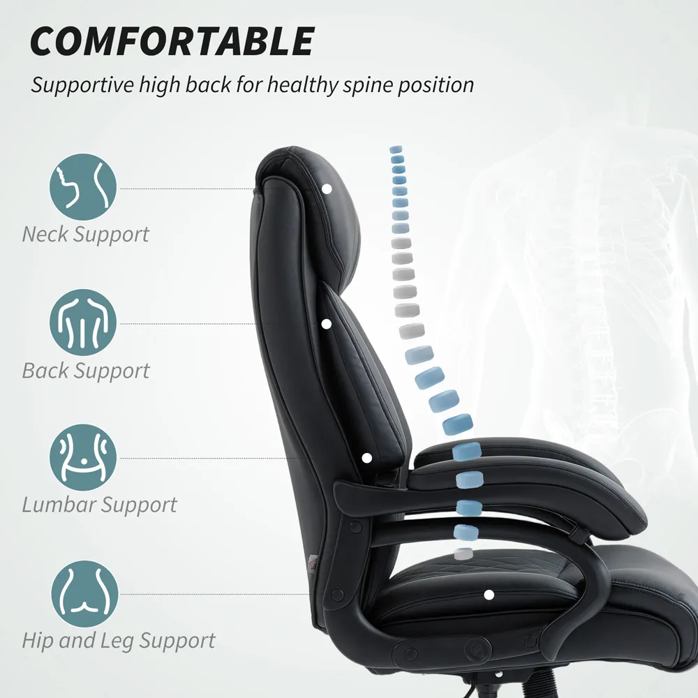 Spring Padded Office Chair with Swivel Wheels - Black, PU Leather
