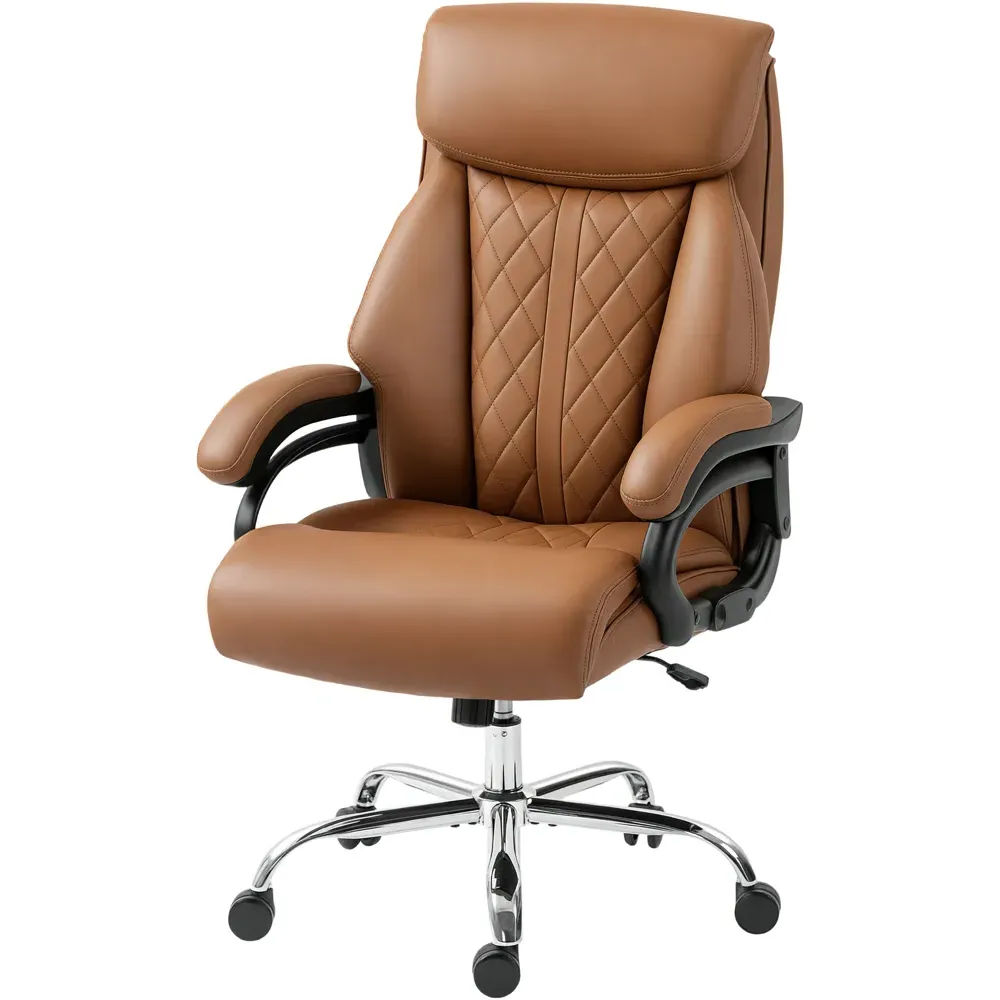 Spring Padded Office Chair with Swivel Wheels - Brown, PU Leather