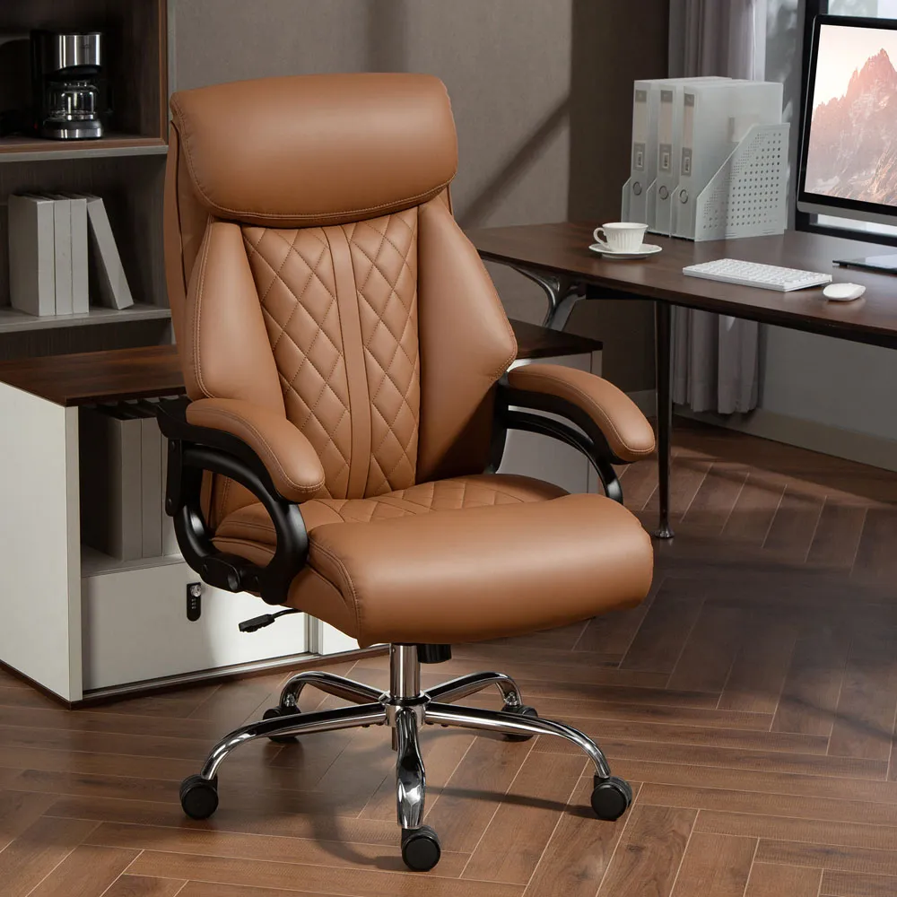 Spring Padded Office Chair with Swivel Wheels - Brown, PU Leather
