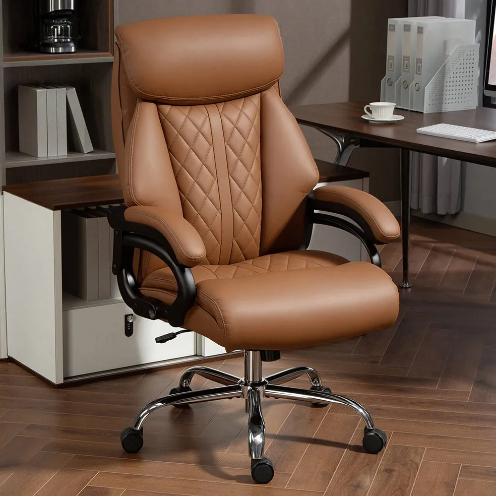 Spring Padded Office Chair with Swivel Wheels - Brown, PU Leather