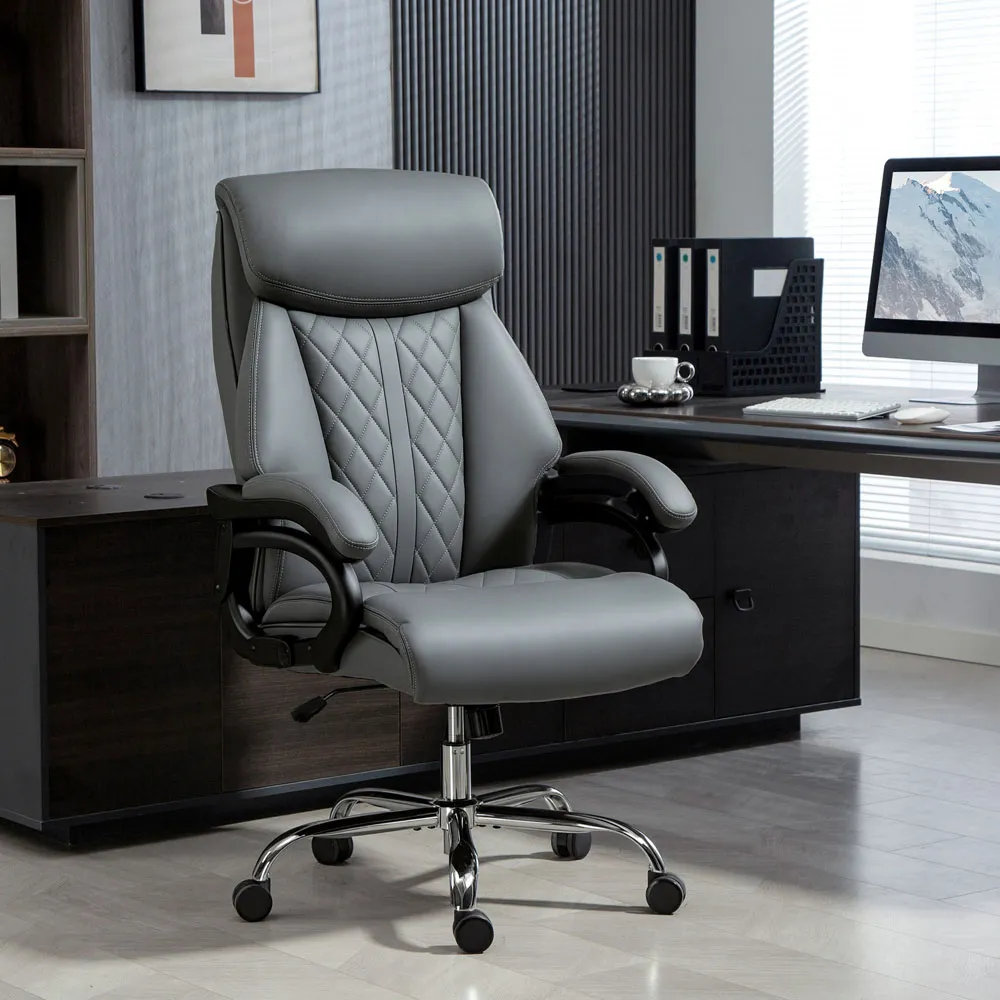Spring Padded Office Chair with Swivel Wheels - Grey, PU Leather