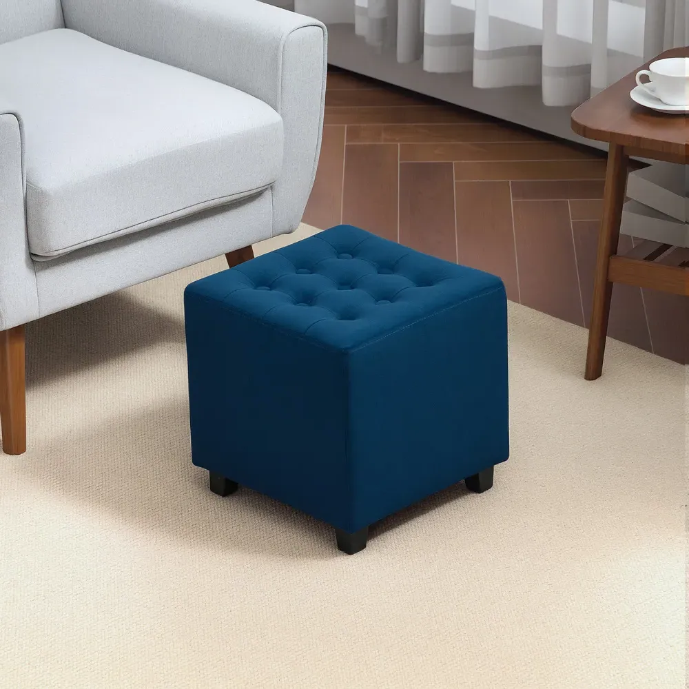 Square Small Ottoman Footstool - Blue, Velvet