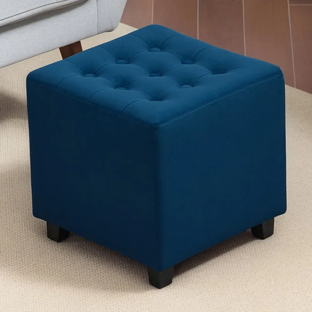 Square Small Ottoman Footstool - Blue, Velvet image