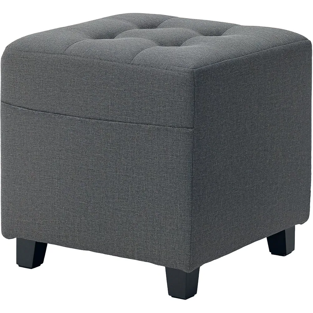 Square Storage Footstool with Side Pocket - Grey, Linen