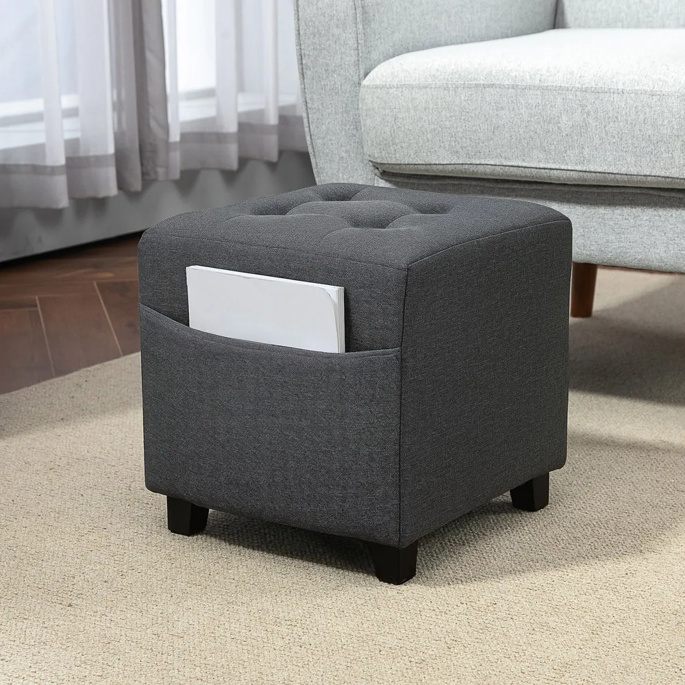 Square Storage Footstool with Side Pocket - Grey, Linen