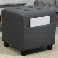 Square Storage Footstool with Side Pocket - Grey, Linen