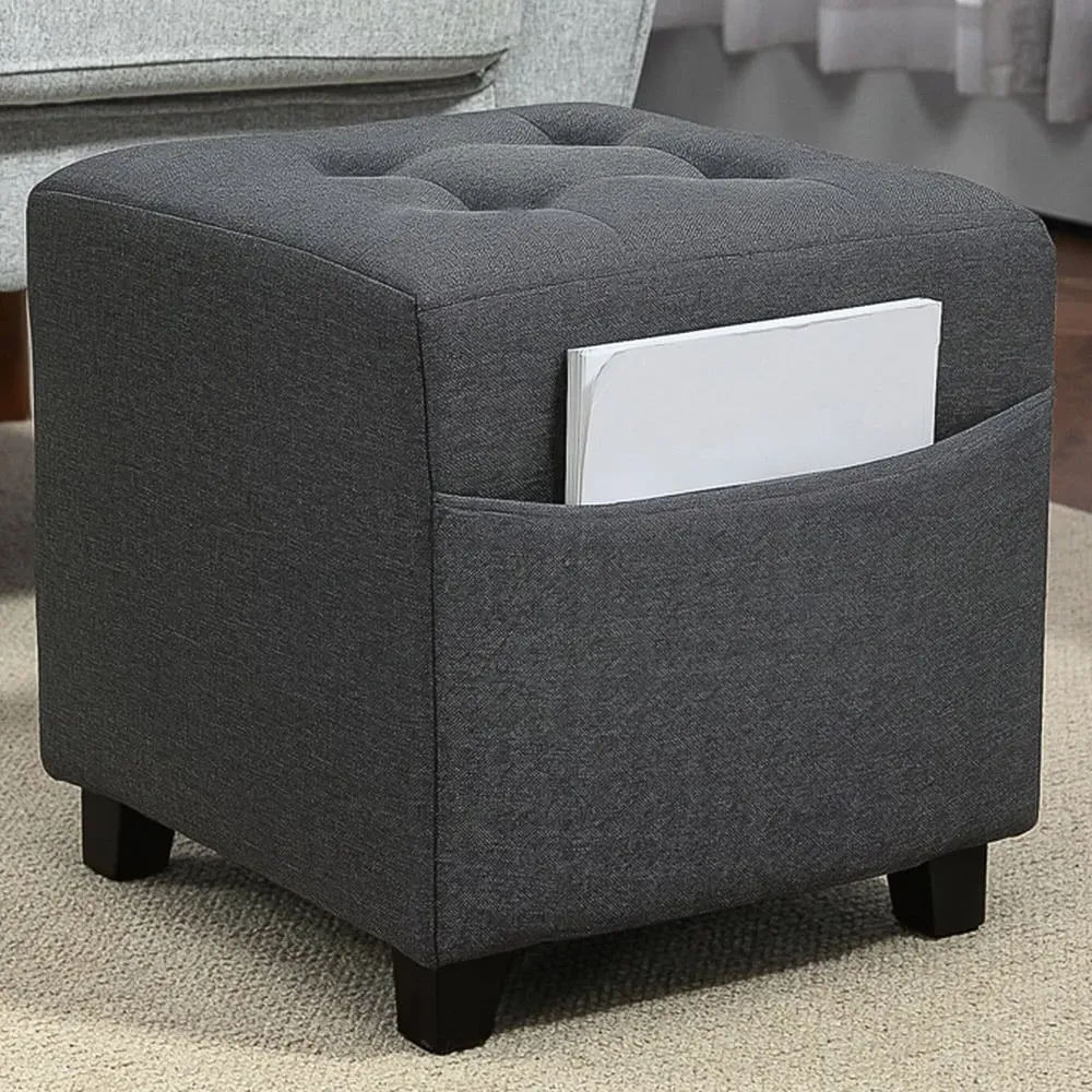 Square Storage Footstool with Side Pocket - Grey, Linen image