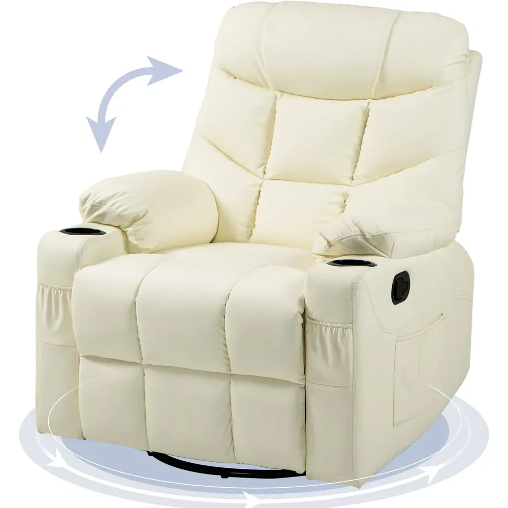 Swivel Manual Recliner Armchair with Footrest - Cream, PU Leather