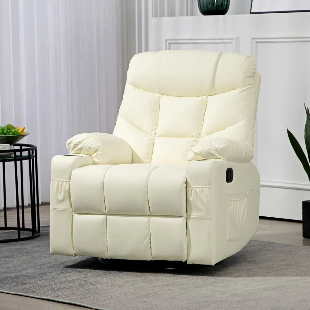 Swivel Manual Recliner Armchair with Footrest - Cream, PU Leather