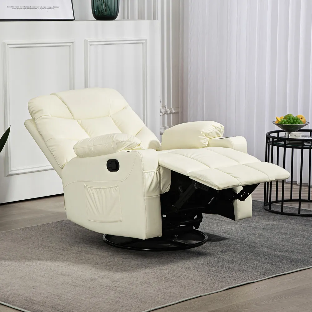 Swivel Manual Recliner Armchair with Footrest - Cream, PU Leather