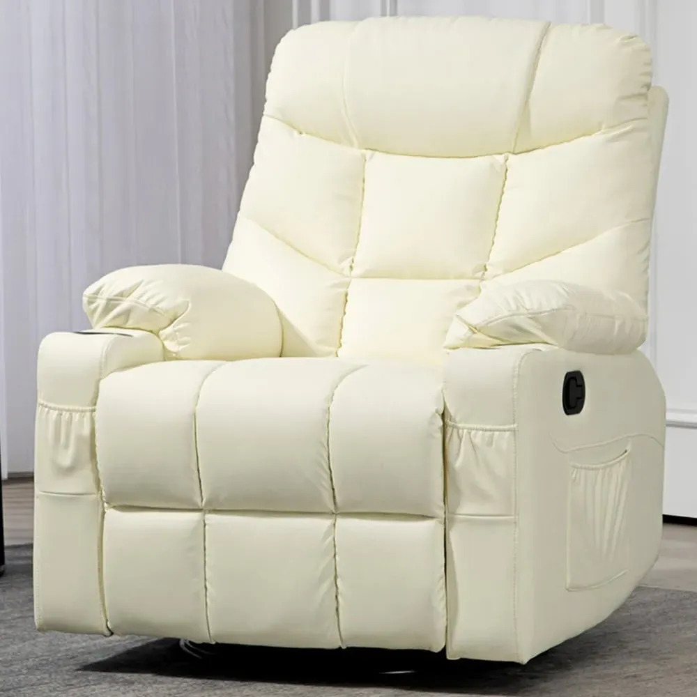 Swivel Manual Recliner Armchair with Footrest - Cream, PU Leather