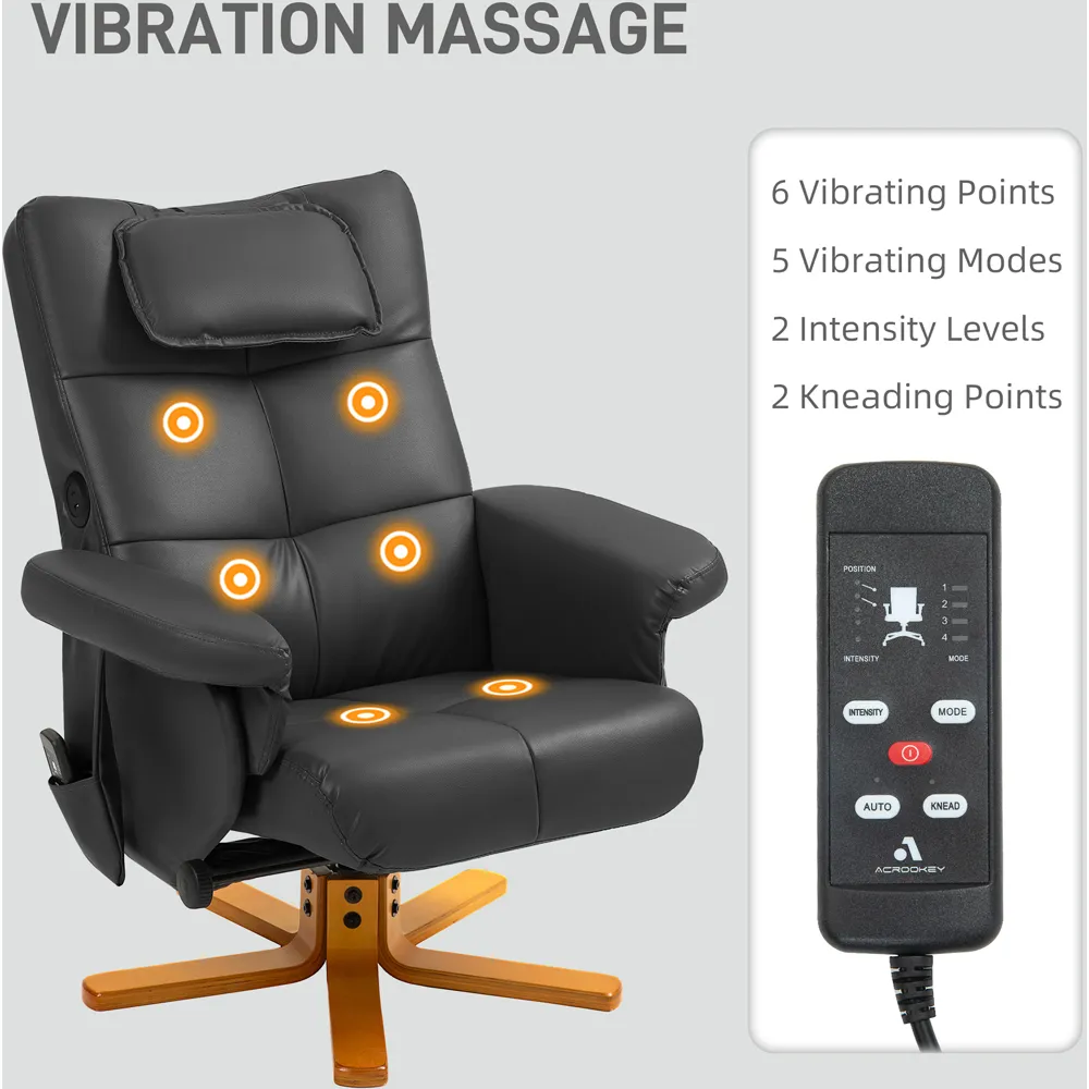 Swivel Massage Recliner Armchair with Footstool - Black