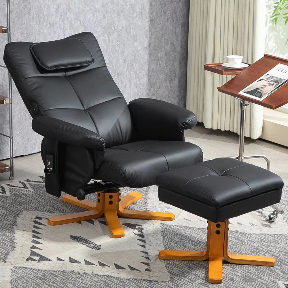 Swivel Massage Recliner Armchair with Footstool - Black image