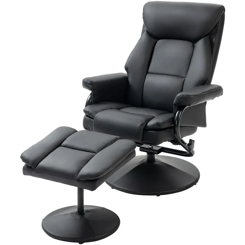 Swivel Recliner Armchair with Footstool - Black, PU Leather