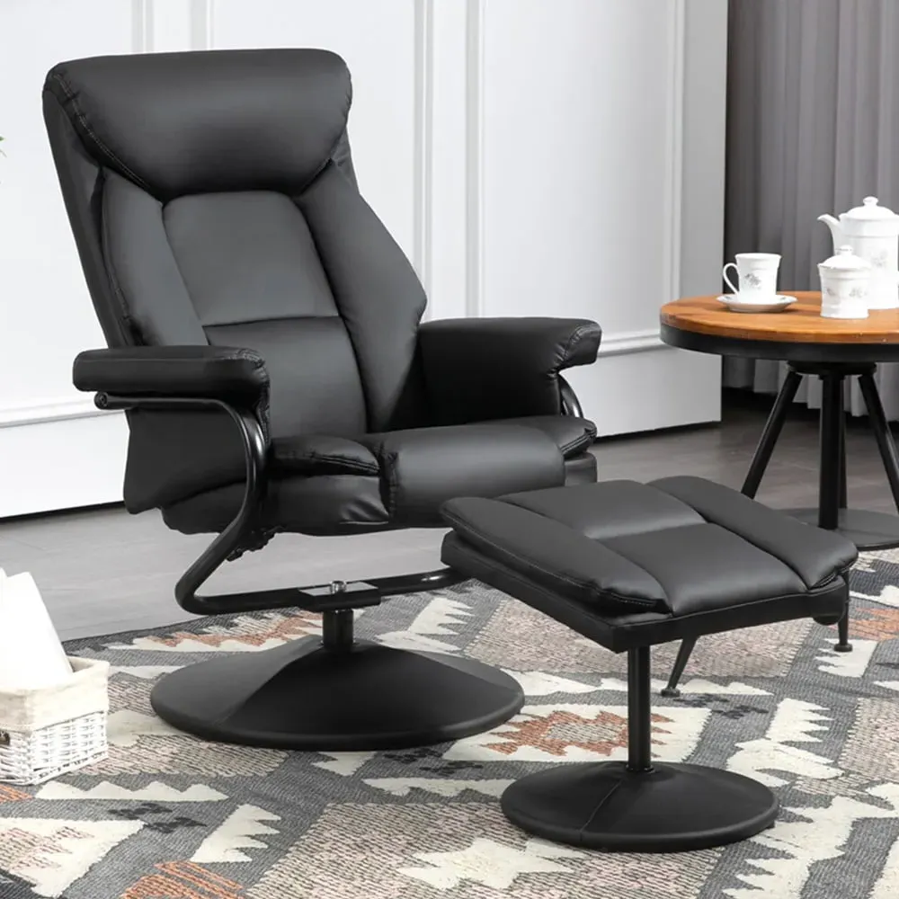 Swivel Recliner Armchair with Footstool - Black, PU Leather image