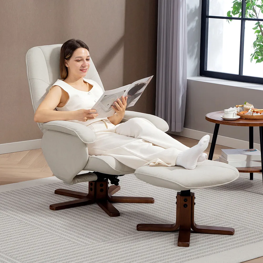 Swivel Recliner Chair with Footstool - Beige