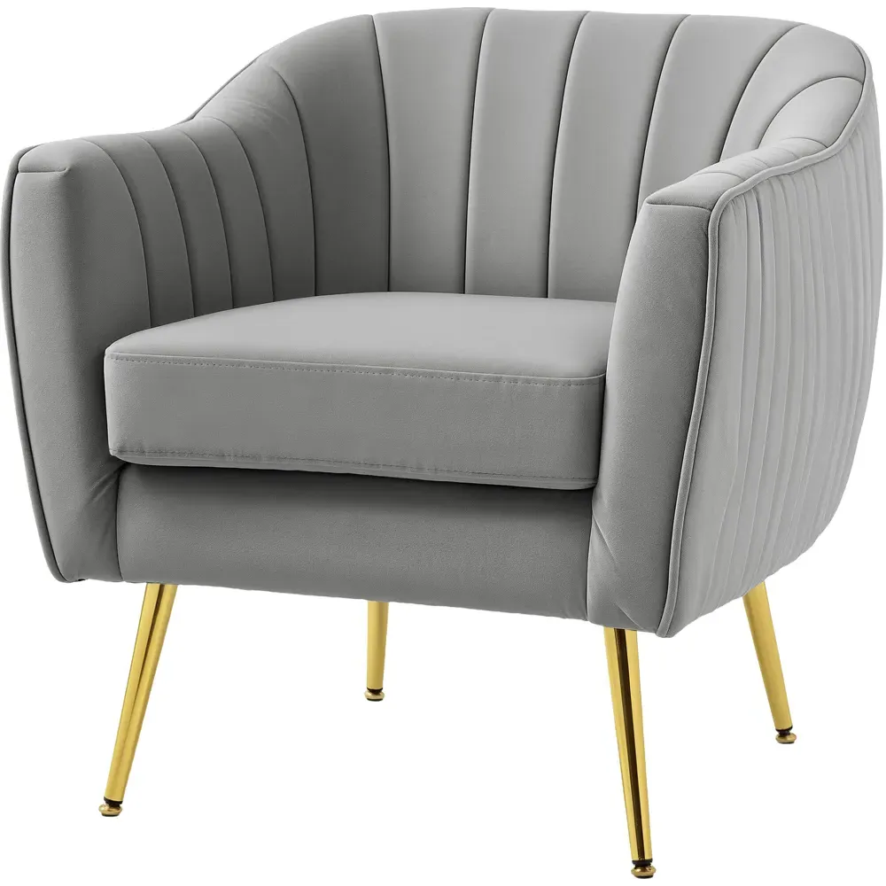 Tub Armchair with Golden Metal Legs - Grey, Velvet