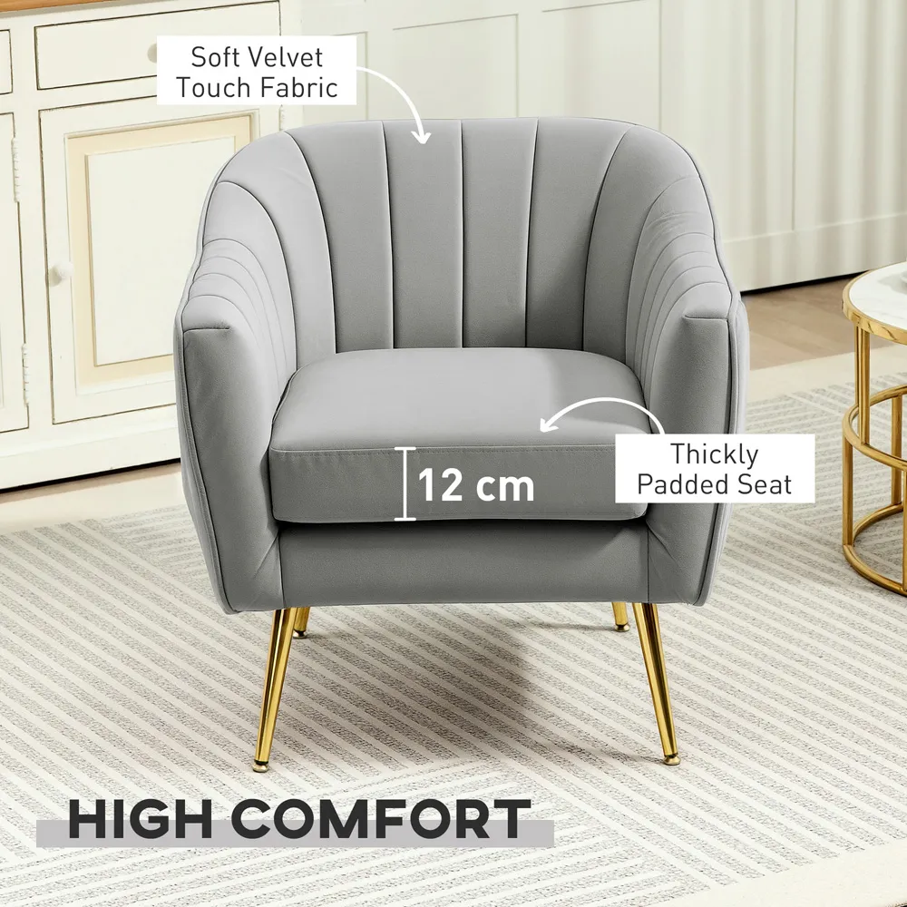 Tub Armchair with Golden Metal Legs - Grey, Velvet