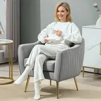 Tub Armchair with Golden Metal Legs - Grey, Velvet