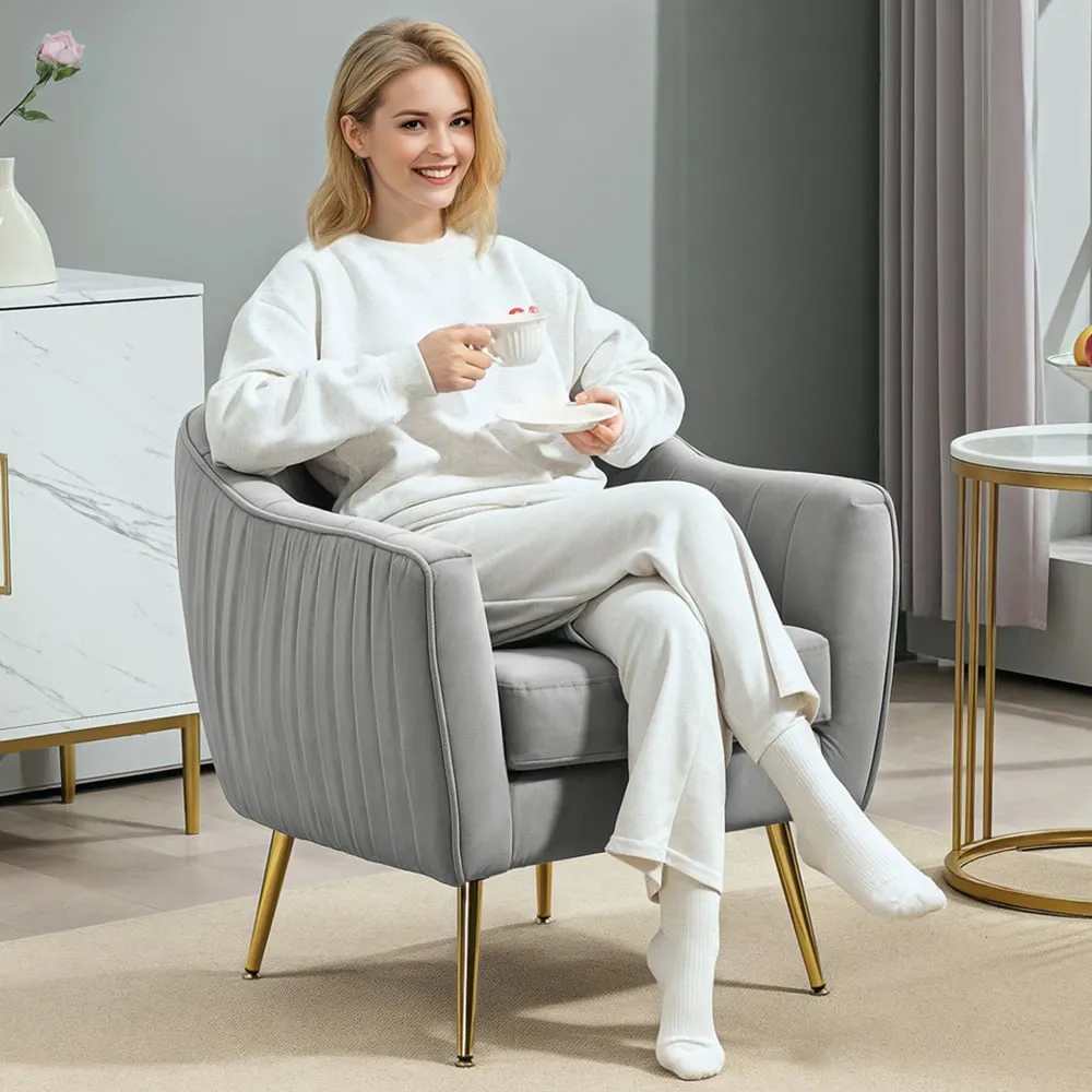 Tub Armchair with Golden Metal Legs - Grey, Velvet image