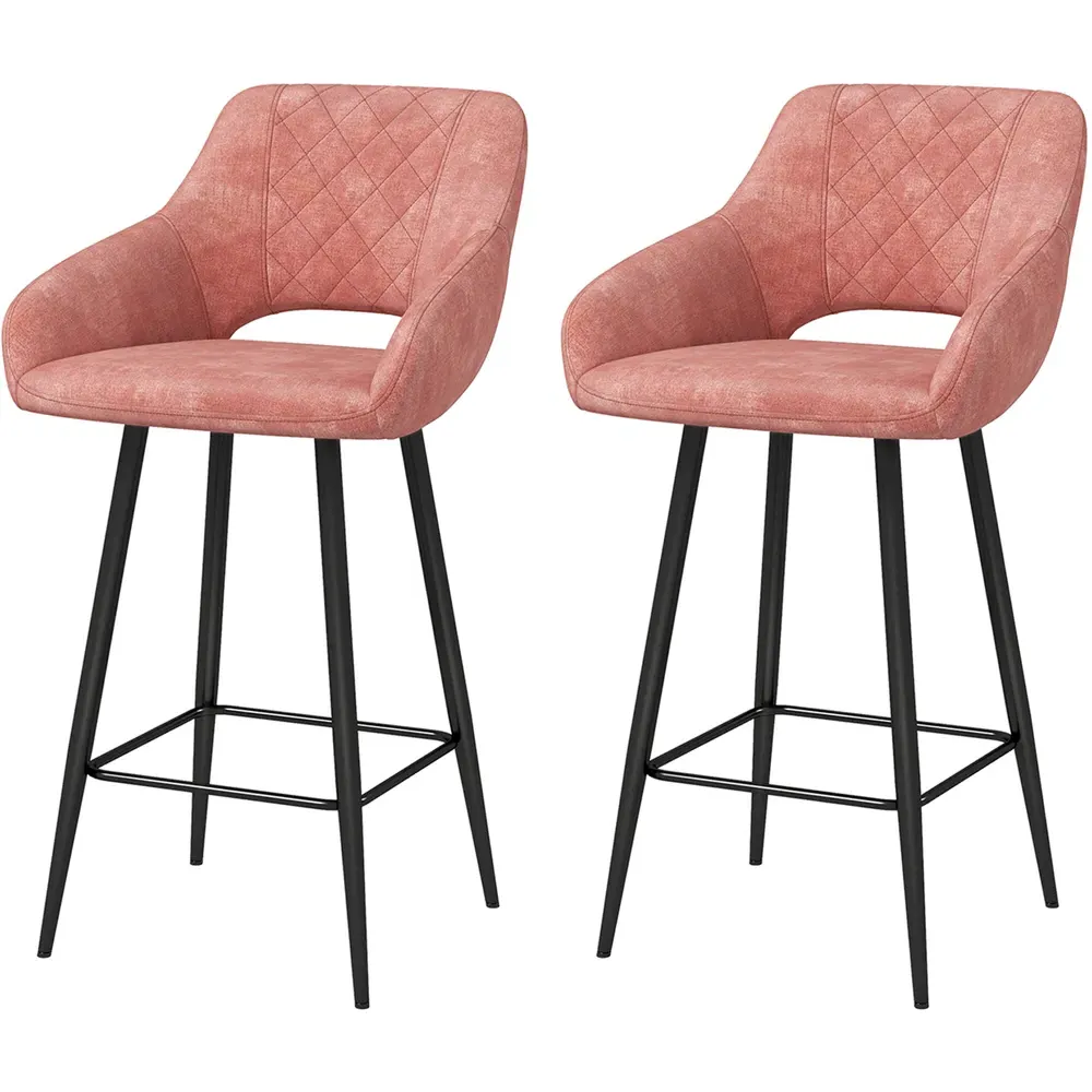 Tub-Shaped Bar Chair Set of 2 with Armrests - Pink, Velvet