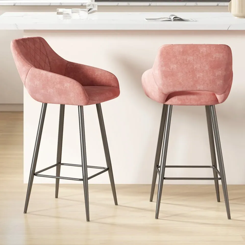 Tub-Shaped Bar Chair Set of 2 with Armrests - Pink, Velvet