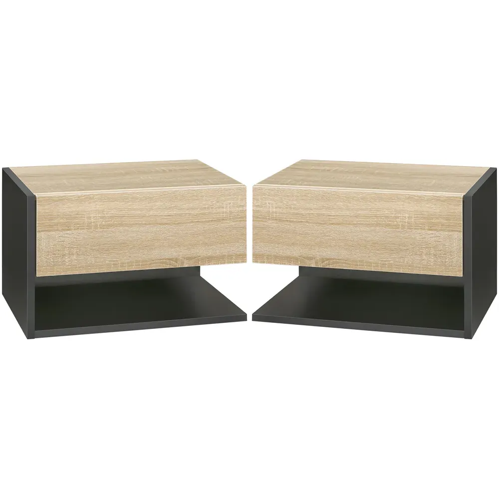 Wall-Mounted Bedside Table Set of 2 with Drawer - Black