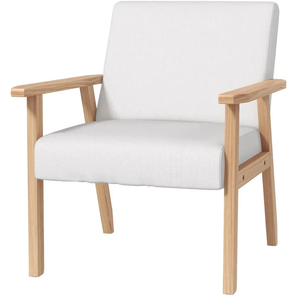 Wood Frame Accent Armchair with Linen Cushions - Cream
