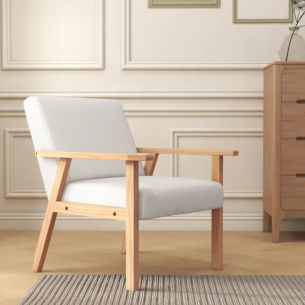 Wood Frame Accent Armchair with Linen Cushions - Cream