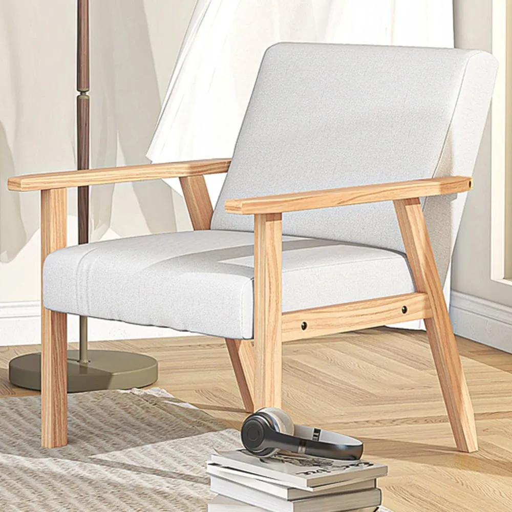 Wood Frame Accent Armchair with Linen Cushions - Cream