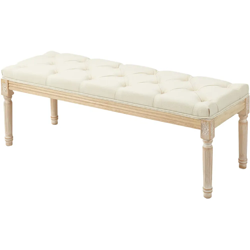Wooden End Bench with Button Tufting - Cream