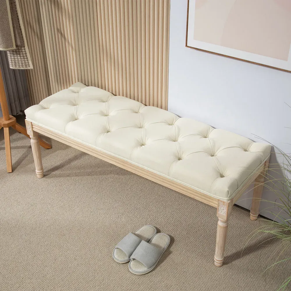 Wooden End Bench with Button Tufting - Cream