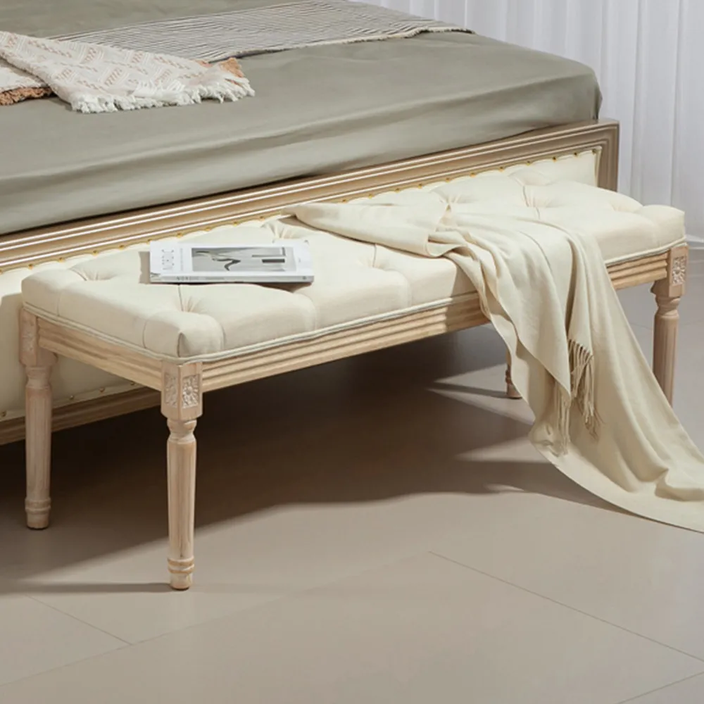 Wooden End Bench with Button Tufting - Cream
