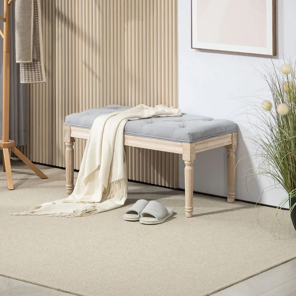 Wooden End Bench with Button Tufting - Grey