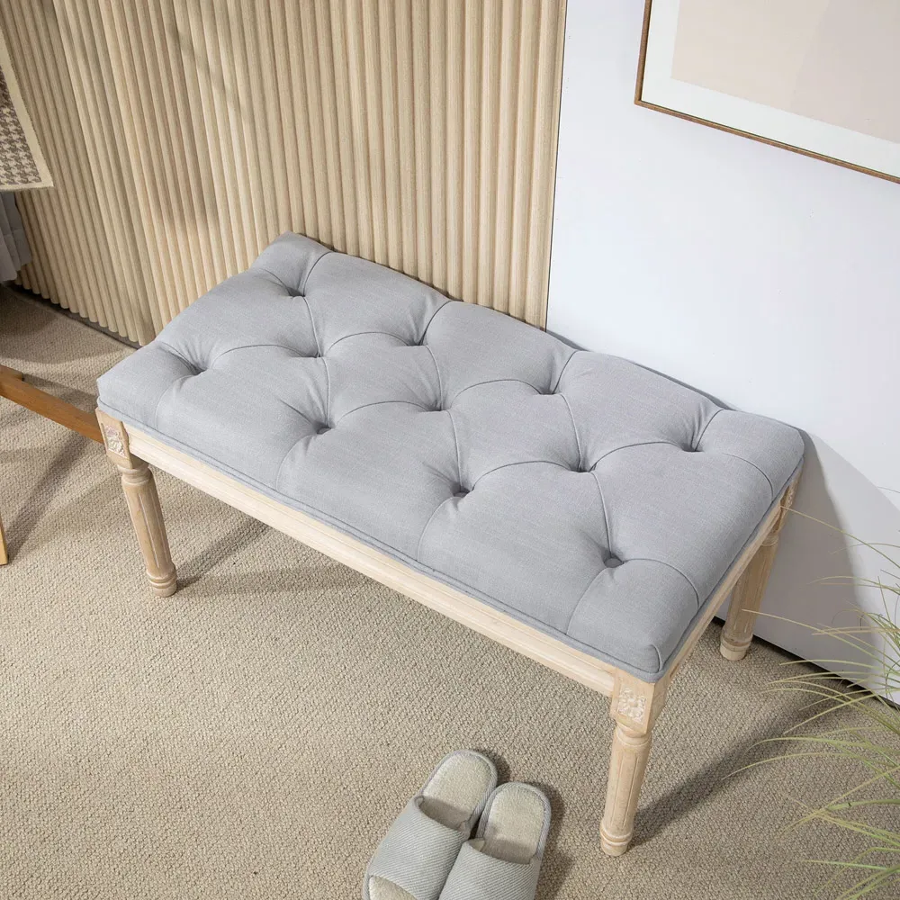 Wooden End Bench with Button Tufting - Grey