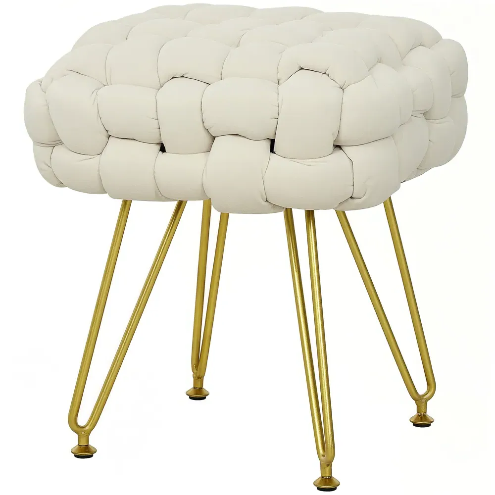 Woven Velvet Footstool with Metal Legs - Cream