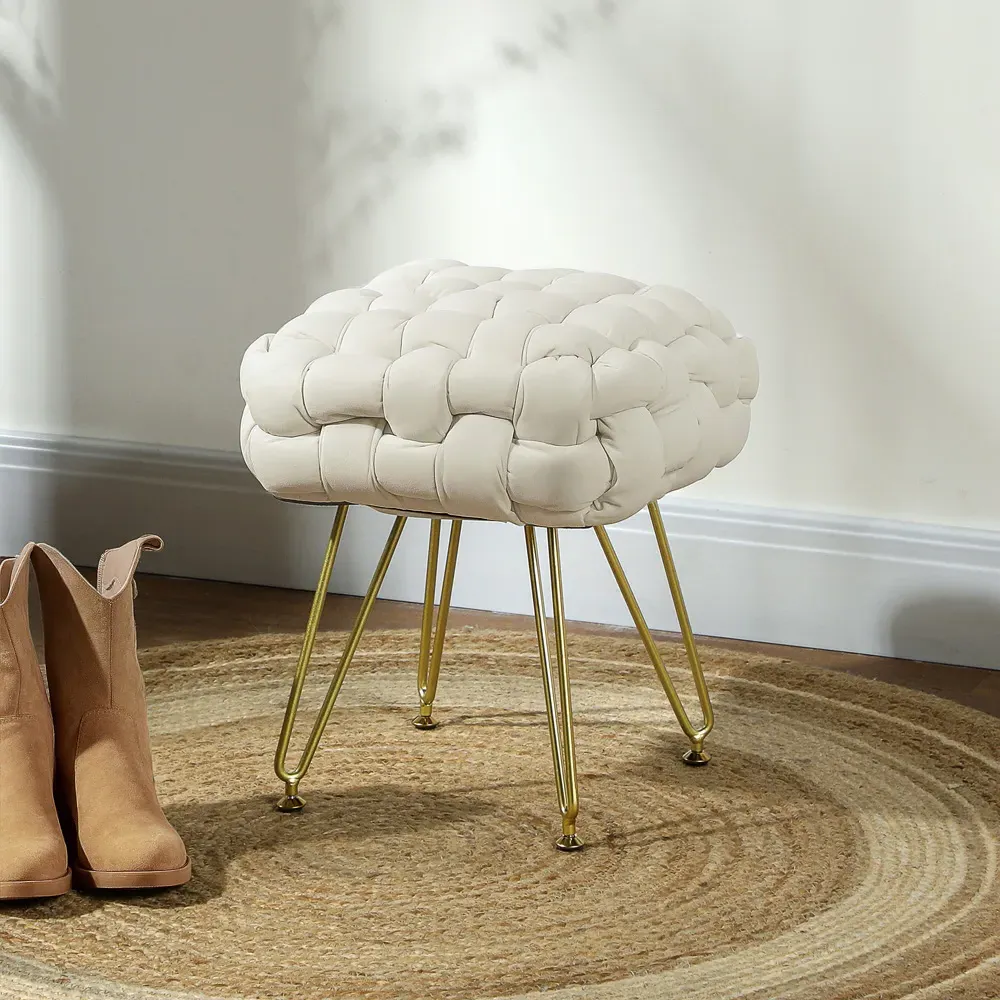 Woven Velvet Footstool with Metal Legs - Cream