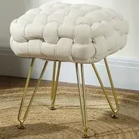 Woven Velvet Footstool with Metal Legs - Cream